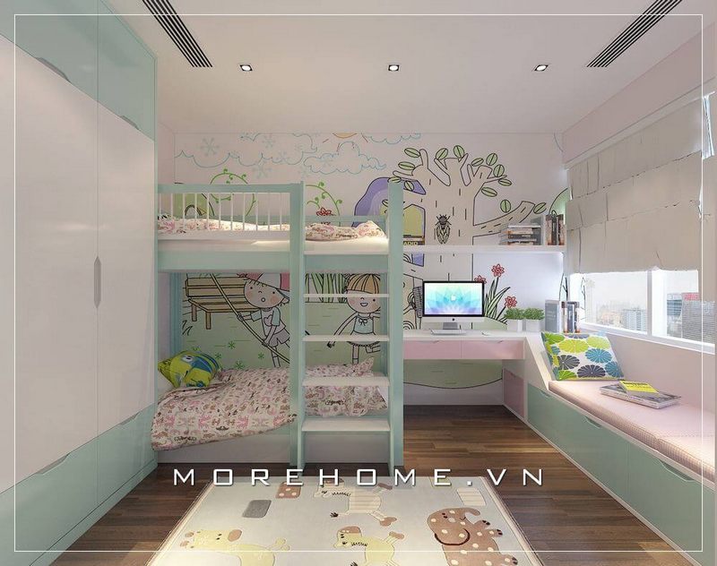 Để phù hợp với nhu cầu của gia đình có hai bé gái và diện tích nhỏ của căn hộ chung cư, một mẫu giường tầng sẽ là lựa chọn tốt nhất. Đây là một loại giường có thể tận dụng tối đa diện tích của phòng